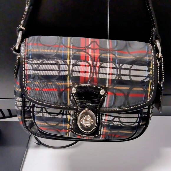 COACH #15477 Small Tartan Penny Flap Bag, Signature Plaid Fabric Patent Leather - Picture 1 of 7